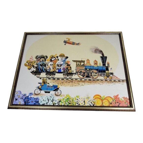 Baby Nursery Canvas Painting Teddy Bear Old Time Train Signed R. Smith Vintage - Picture 1 of 8